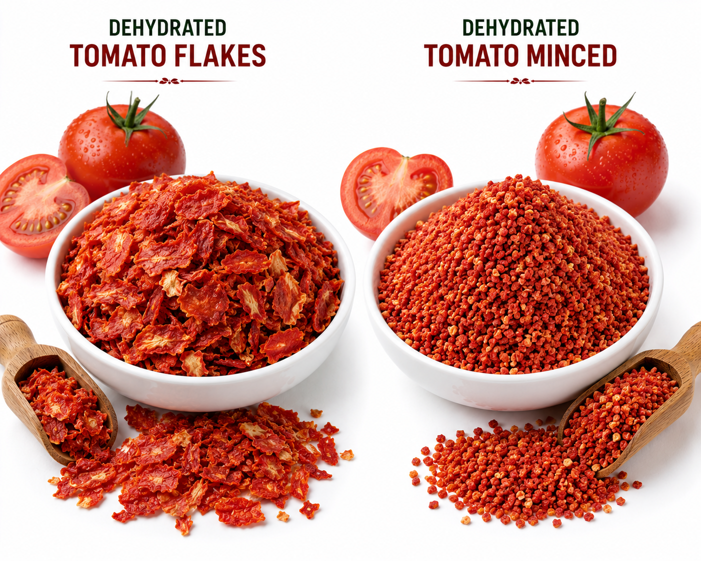 Dehydrated tomato flakes and minced product